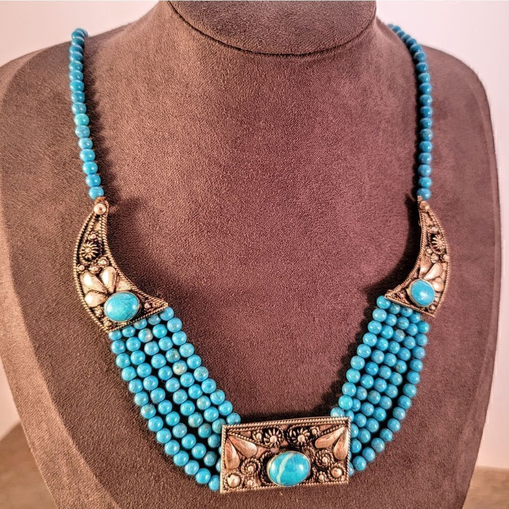 Vintage 900 Silver Turquoise Beaded Bib Boho Statement Necklace